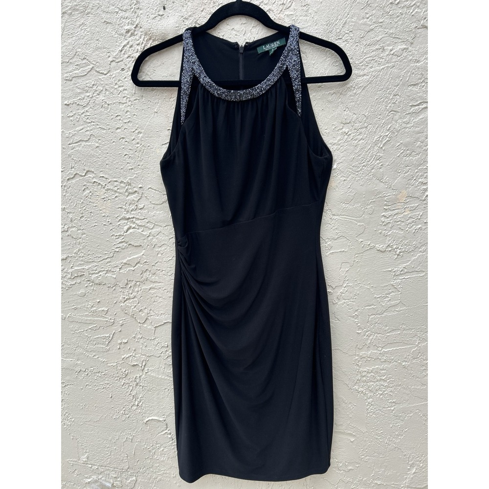 Lauren Ralph Lauren Black Beaded Neck Ruched Sheath Cocktail Dress Size 8